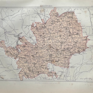 Hertford antique original 1870&#39;s map, Vintage wall map, Home decor