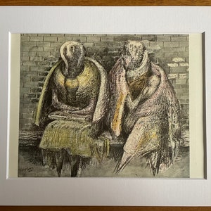 Henry Moore vintage print, Two women and child in shelter 1940, large mounted print, modern art.