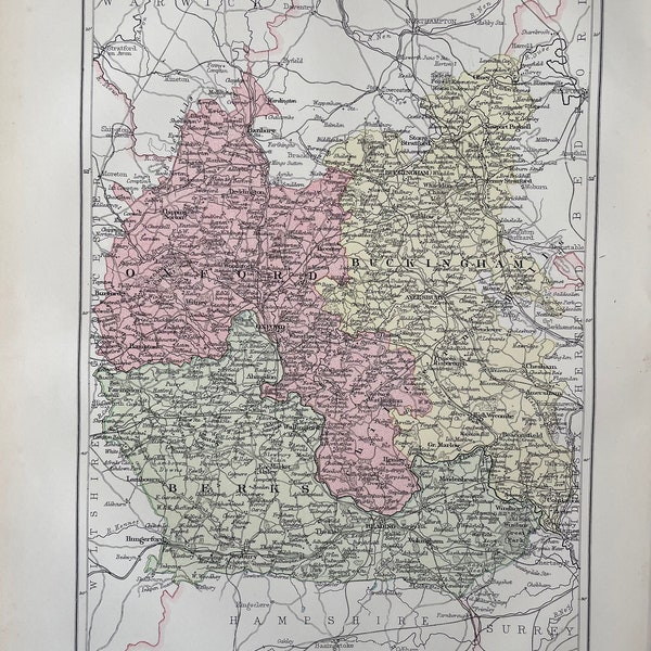 Oxford, Buckingham & Berks. antique original 1870's map, Vintage wall map, Home decor