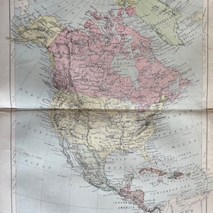 North America, Large original antique 1870&#39;s map, Vintage wall map, Home decor, print. Historical map. atlas