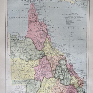 Queensland, original antique 1870&#39;s map, Vintage wall map, Home decor. Atlas