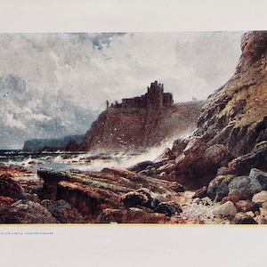 May include: An antique print of Tantallon Castle, Haddingtonshire. The image depicts a coastal scene with a castle atop a cliff, waves crashing against the rocks, and a cloudy sky. The print has a vintage aesthetic.