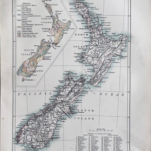 Nieuw-Zeeland, originele antieke kaart uit 1870, Vintage muurkaart, Home decor. Atlas