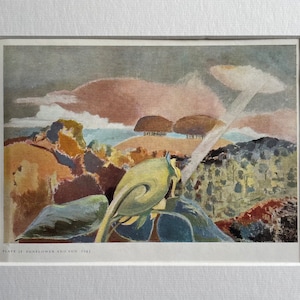 Paul Nash, vintage print, Sunflower and Sun 1943, mounted print, famous art, original print. Gift for art lover.