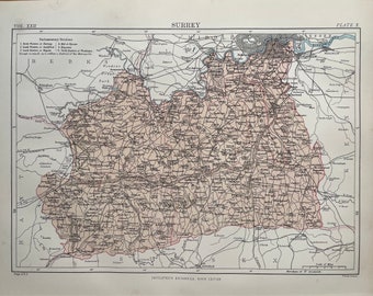 Surrey antique original 1870's map, Vintage wall map, Home decor