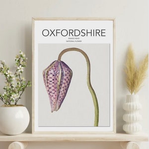 Oxfordshire poster, Snake head print, Oxfordshire national flower, vintage home decor, gift, Art, wall hanging, county print A3/A4