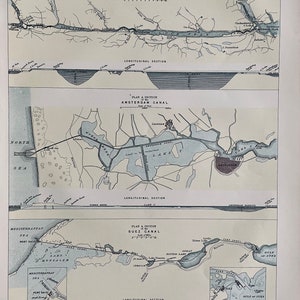 Grachten, Caledonian, Amsterdam und Suezkanal Karten, originale antike Karte von 1870, Vintage Wandkarte, Wohndeko