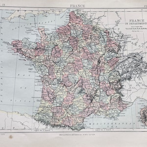 France, original antique 1870&#39;s map, Vintage wall map, Home decor. Atlas.