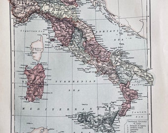 Italy, original antique 1870's map, Vintage wall map, Home decor. Atlas
