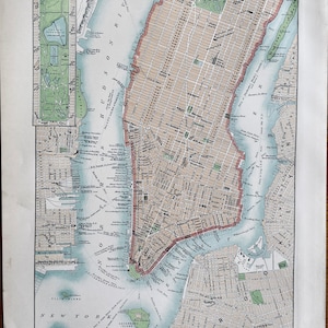 New York City (lower part), original antique 1870&#39;s map, Vintage wall map, Home decor. Atlas