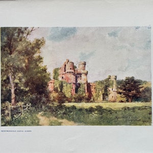 Herstmonceaux Castle, Sussex, Original Antique colour book print, Vintage, British castles, 1910’s