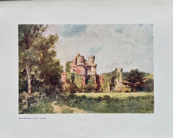 Herstmonceaux Castle, Sussex, Original Antique colour book print, Vintage, British castles, 1910’s