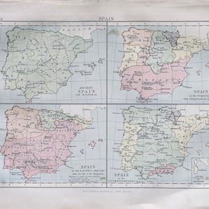 Spain, four different eras. antique original 1870&#39;s map, Vintage wall map, Home decor