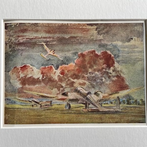 Paul Nash, vintage print, Hampdens at Sunset 1940, mounted print, famous art, original print. Gift for art lover.
