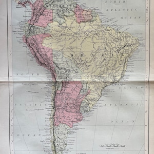 South America, Large original antique 1870&#39;s map, Vintage wall map, Home decor, print. Historical map. atlas