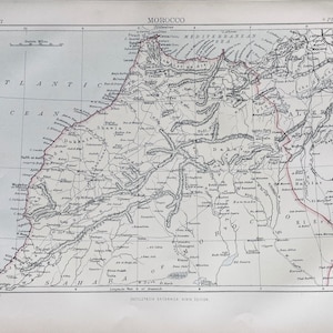 Maroc, carte originale antique des années 1870, carte murale vintage, décor à la maison