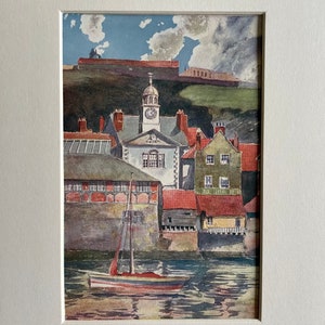 Whitby Harbour, impressão colorida antiga original, Vintage, Yorkshire, 1908, Gordon Home