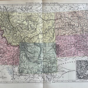 Wyoming, Idaho, Montana et Dakota, Grande carte antique originale des années 1870, carte murale vintage, Décoration intérieure, impression. Voyage