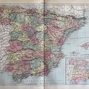 Spanien, Große original antike 1870 Karte, Vintage Wandkarte, Wohndekor, Druck.
