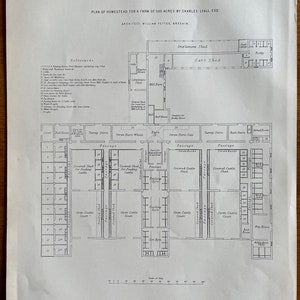 Architectural Print, plan of homestead for a farm, Antique, Vintage, Black and White Engraving 1890&#39;s