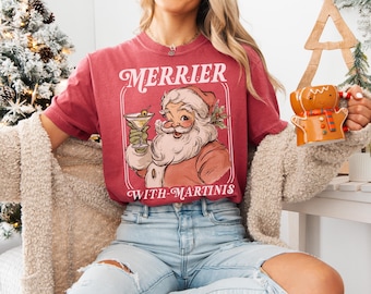 Merrier with Martinis Shirt, Funny Christmas Shirt, Holiday Party, Retro Santa, Espresso Martini, Dirty Martini, Holiday Bachelorette