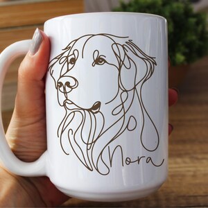 May include: White ceramic mug featuring a brown line drawing of a dog's face. The dog's name, "Nora", is written in a cursive font below the drawing. The mug has a large handle and is held by a person.