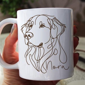 May include: White ceramic mug featuring a brown line drawing of a dog's head and the name "Nora" in a script font. The mug has a curved handle and is held by a person. The design is minimalist and elegant.