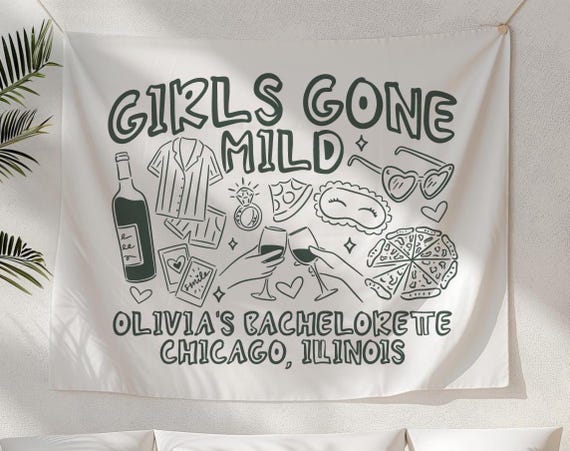 Personalized Girls Gone Mild Bachelorette Party Decor, Custom Location Bachelorette Weekend Tapestry, Spa Bachelorette, Sleepover Bach