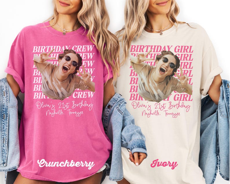 May include: Two t-shirts, one pink and one ivory, featuring a photo of a person wearing sunglasses and making a peace sign. The pink shirt says "Birthday Crew" and "Crunchberry." The ivory shirt says "Birthday Girl" and "Ivory."