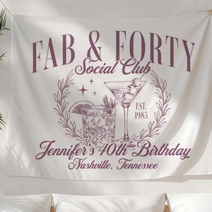 Personalized 40th Birthday Party Decor, Custom Location Birthday Weekend Tapestry, Forty and Fabulous Birthday Sign, Custom Bday Banner