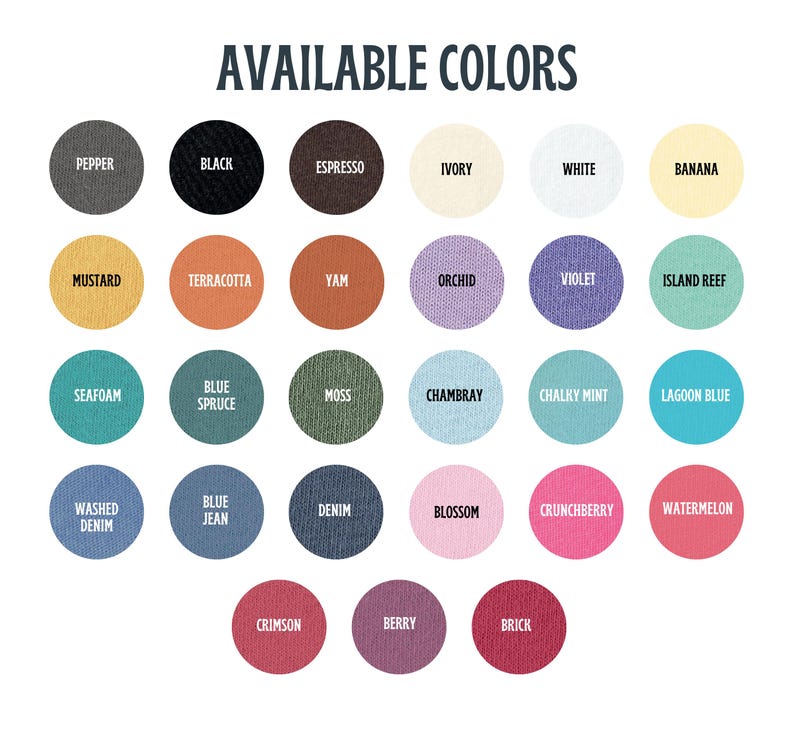 K&ouml;nnte beinhalten: Eine Farbkarte mit der &Uuml;berschrift AVAILABLE COLORS, die siebenundzwanzig kreisf&ouml;rmige Stoffmuster in verschiedenen Farbt&ouml;nen zeigt, darunter pepper, black, espresso, ivory, white, banana, mustard, terracotta, yam, orchid, violet, island reef, seafoam, blue spruce, moss, chambray, chalky mint, lagoon blue, washed denim, blue jean, denim, blossom, crunchberry, watermelon, crimson, berry und brick.