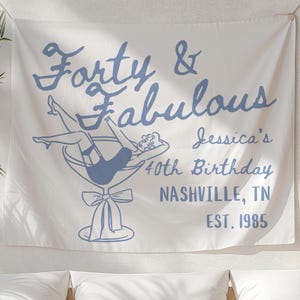 Personalized 40th Birthday Party Decor, Custom Location Birthday Weekend Tapestry, Forty and Fabulous Birthday Sign, Custom Bday Banner