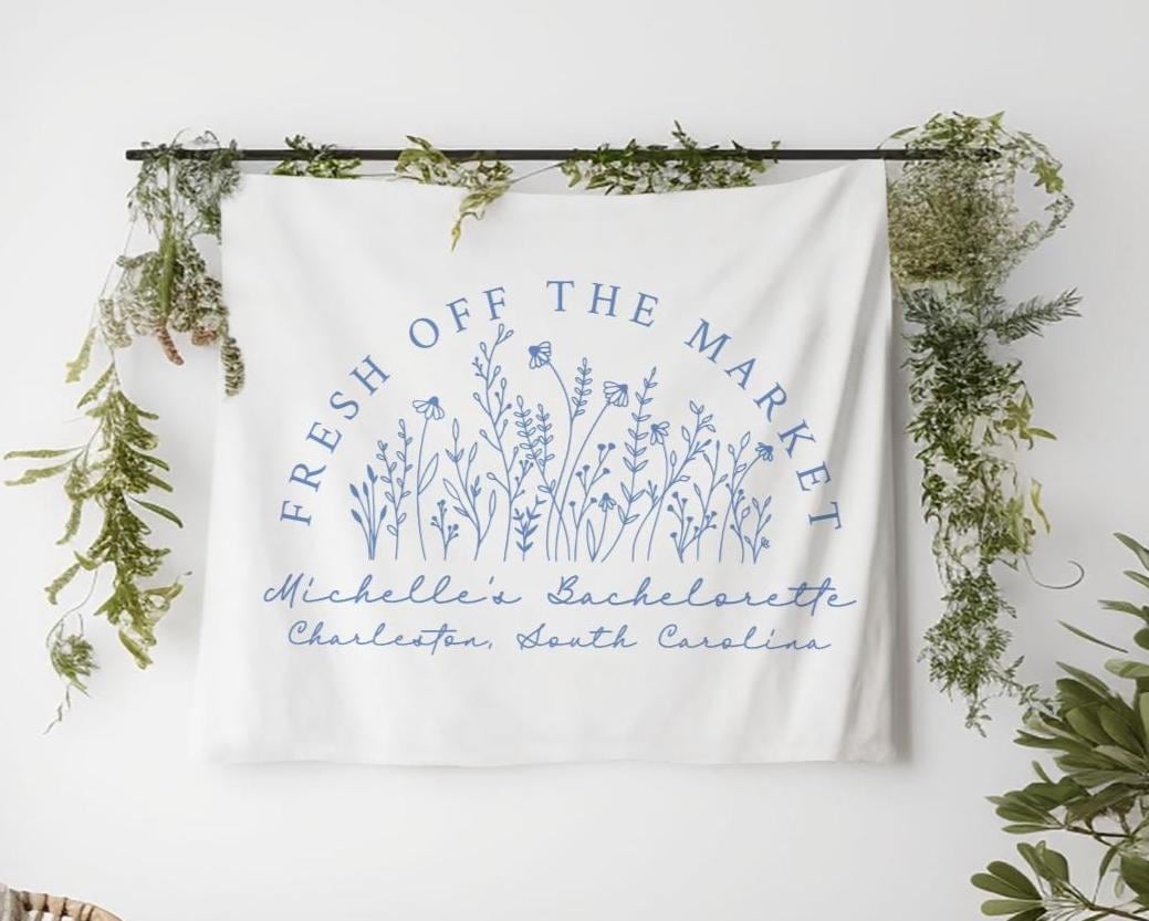 Personalized Bachelorette Party Decor, Custom Location Bachelorette Weekend Tapestry, Fresh off the Market Bachelorette, Floral Bach Party