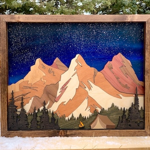 Camping mountains wall art Wood mountain wall art Campfire wall art Rustic mountain camping wall art Cabin farmhouse decor outdoor decor