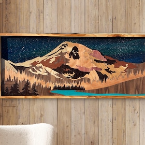 Mount Rainier wood art,Intarsia, Quilt style Mt Rainier original art, Mt Rainier Washington USA, Skiing, Mt Rainier national park, Wood art
