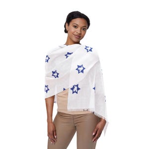Star of David Scarf: White Dove Print, Lightweight Jewish Shawl