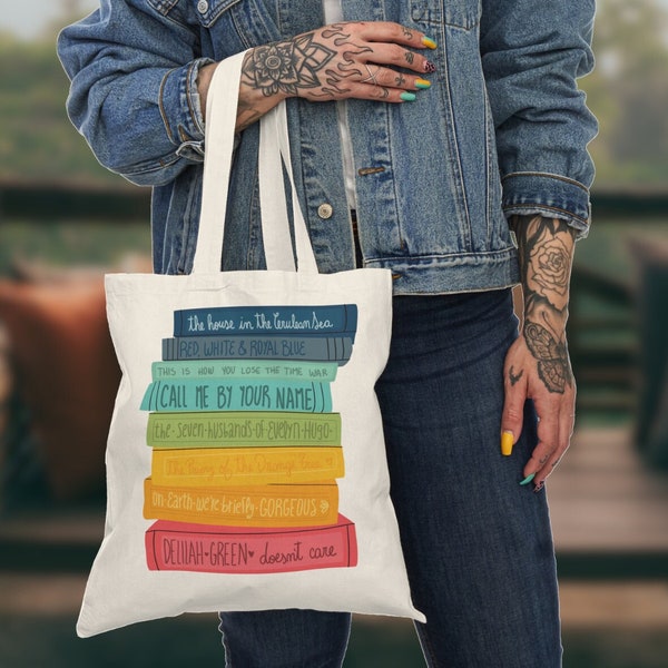 Rainbow Bookstack Tote Bag || Queer Book bag, pride literature, sapphic authors, LGBTQ writting, Lesbian, Bisexual, Gay, Pansexual, Trans