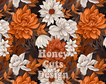 Fall seamless digital file Floral Seamless pattern, Autumn golden rust orange wildflowers flowers digital paper fabric printing large flower