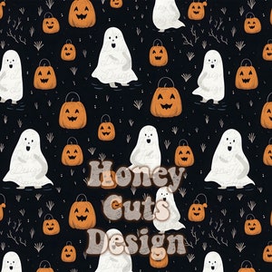 Halloween seamless pattern, Ghosts, pumpkins kids fall digital seamless commercial use, digital paper autumn fabric repeat, black background