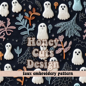 Halloween Embroidery seamless pattern, Fall floral seamless file for fabric printing, Cottage core boho, Ghosts and spider webs with florals