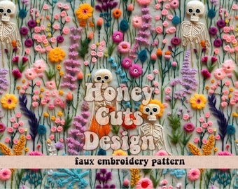 Halloween Embroidery seamless pattern, Skeleton Pastel florals, Fall floral seamless file fabric printing, Cottage core boho, Commercial use