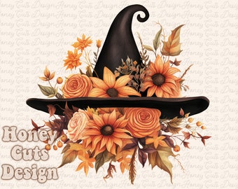 Halloween PNG, Spooky Witch Hat, Autumn sublimation design, Fall PNG, Pumpkins, leaves PNG, Watercolor Sublimation, Instant download, Ghouls