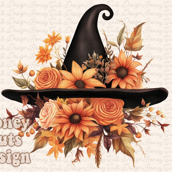 Halloween PNG, Spooky Witch Hat, Autumn sublimation design, Fall PNG, Pumpkins, leaves PNG, Watercolor Sublimation, Instant download, Ghouls