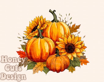 Autumn PNG, Sunflower Pumpkins sublimation design, Fall PNG, Orange Mustard PNG, Watercolor Sublimation, Instant download, Thanksgiving