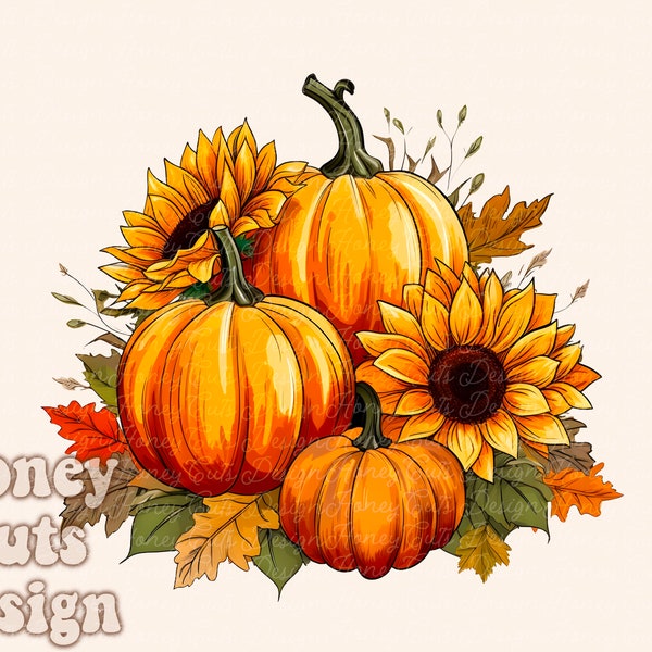 Autumn PNG, Sunflower Pumpkins sublimation design, Fall PNG, Orange Mustard PNG, Watercolor Sublimation, Instant download, Thanksgiving