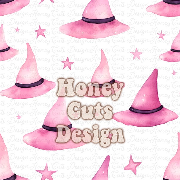 Pink witch hats halloween seamless pattern, fall digital seamless commercial use, pink girls halloween, digital paper, autumn fabric repeat