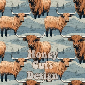 Highland cows seamless pattern, Western digital seamless paper, Boys digital file, Denim blue cows digital paper, kid commercial use file