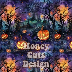 Spooky Pumpkin Forest Halloween seamless pattern, fall digital seamless commercial use, digital paper autumn fabric repeat, digital paper