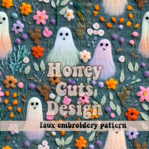 Halloween Embroidery seamless pattern, Pastel daisy, Fall floral ghosts seamless file fabric printing, Cottage core boho, Halloween ghosts