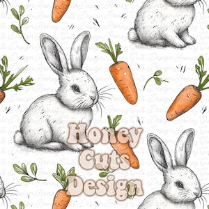 Könnte beinhalten: Ein nahtloses Muster mit weißen Kaninchen und orangefarbenen Karotten auf weißem Hintergrund mit dem Text "Honey Cuts Design".